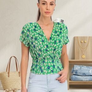 BERSHKA Womens Size L Green Mix V neck Blouse